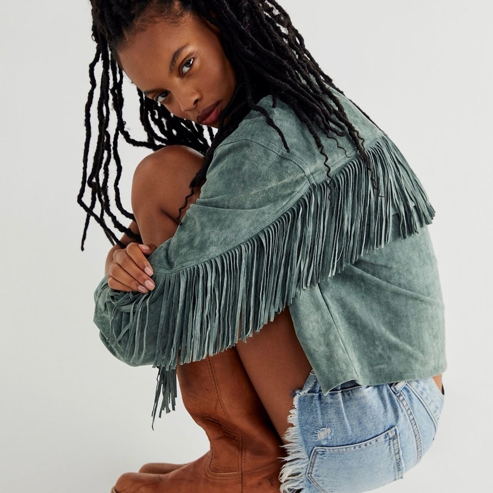 NWT Free People Twist and Shout Vegan Fringe Jacket Sz Large Olive Branch